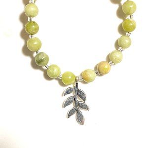 Serpentine Stone Silver Leaf Branch Necklace, Genuine Gemstone Beaded Necklace